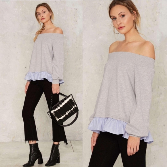 After Market Off The Shoulder Ruffle Trim Sweatshirt - Picture 1 of 11
